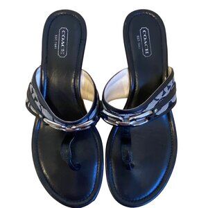 Coach Virginia Black & Silver Wedge Sandals With Logo Detail & Mesh Straps monog